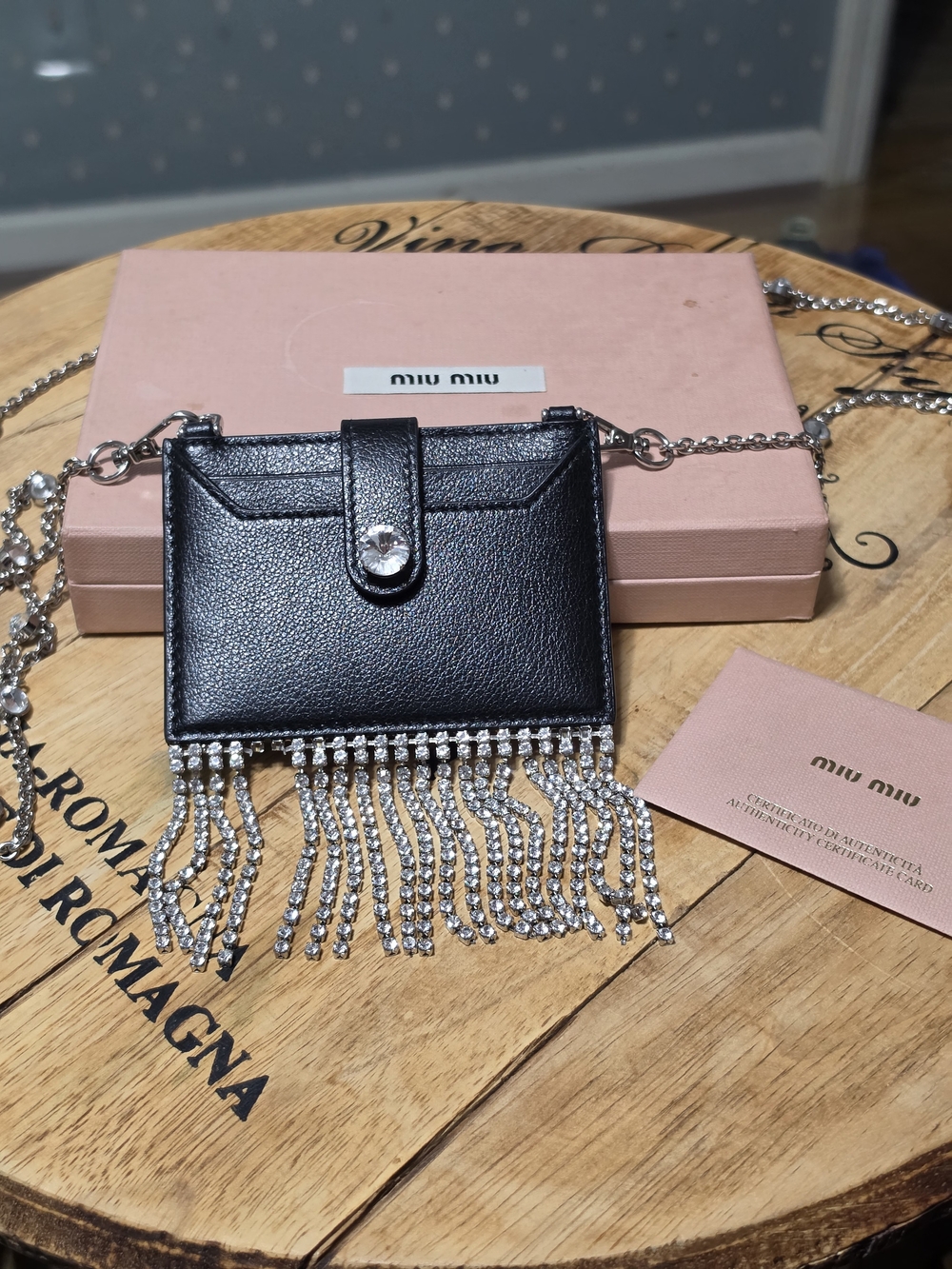 Miu Miu Black Leather Crystal Fringe Crossbody Card Holder